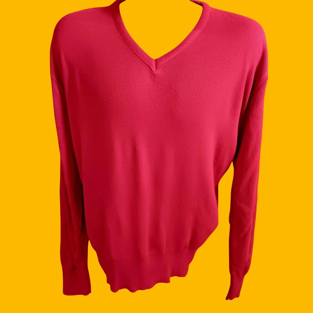 XL V-Neck Sweater Vintage Men's 1980's Royal Knight Knit Classic Long Sleeve Red